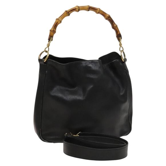 GUCCI Bamboo Hand Bag Leather Black Gold 001 3754 001 3754 - Picture 1 of 16